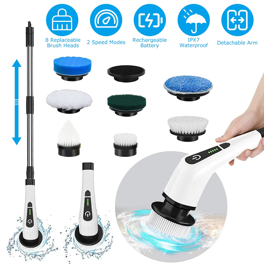 Power Spin Pro Electric Scrubber Cordless, Rechargeable Cleaning Brush with Extension Handle & 8 Heads