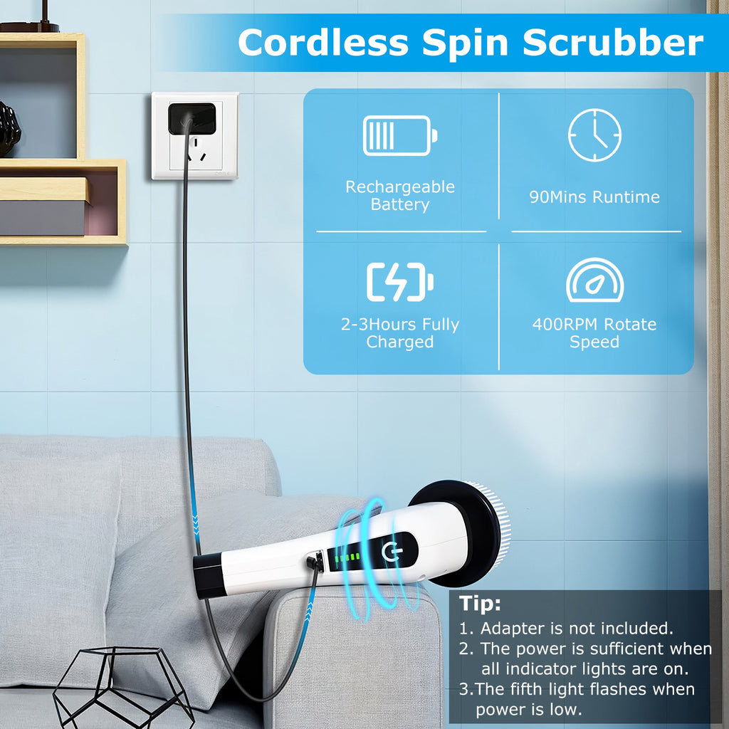 Power Spin Pro Electric Scrubber Cordless, Rechargeable Cleaning Brush with Extension Handle & 8 Heads