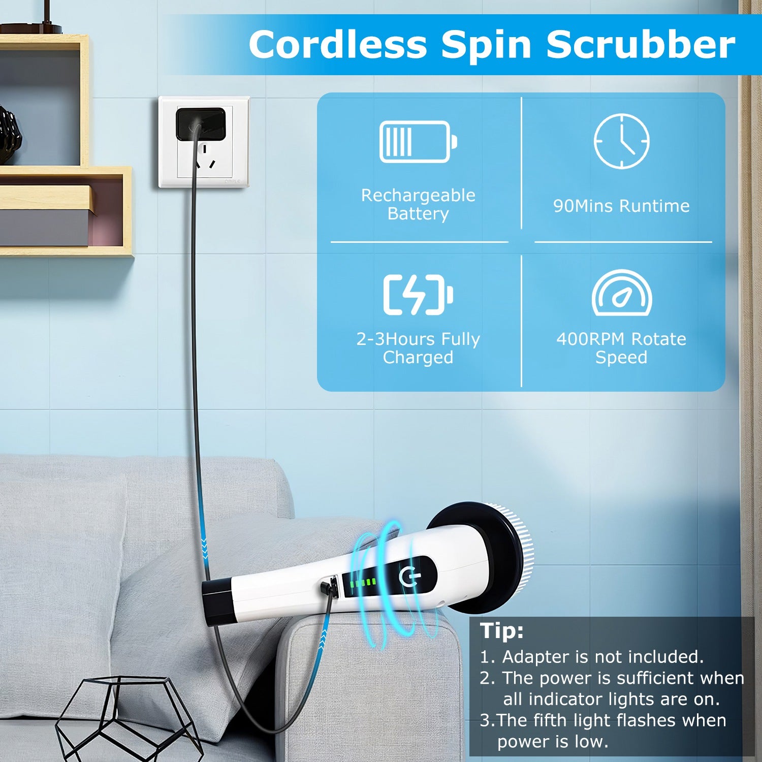 Power Spin Pro Electric Scrubber Cordless, Rechargeable Cleaning Brush with Extension Handle & 8 Heads