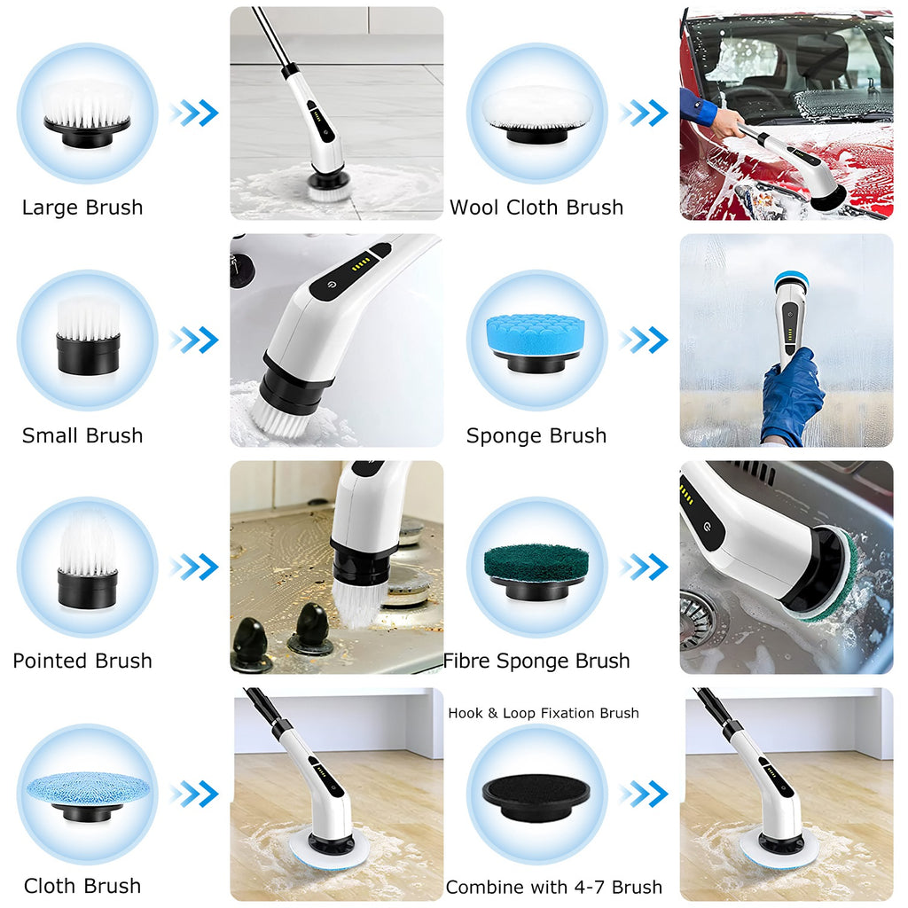 Power Spin Pro Electric Scrubber Cordless, Rechargeable Cleaning Brush with Extension Handle & 8 Heads
